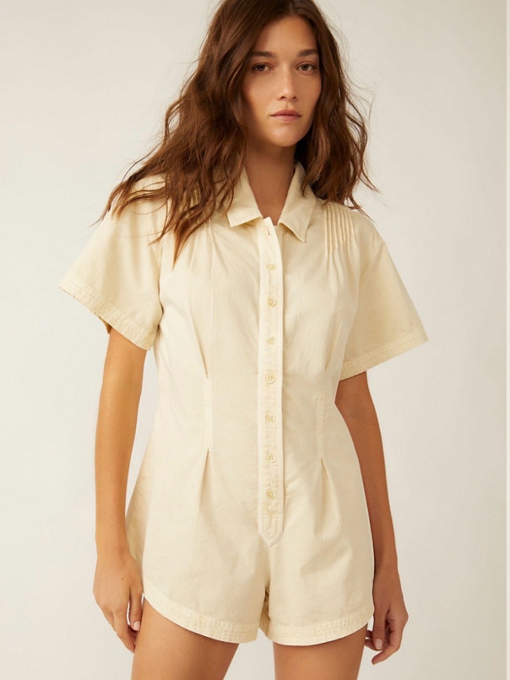 Free People Keep It Crisp Romper Ivory Short Sleeve Button Front Utility Cotton
